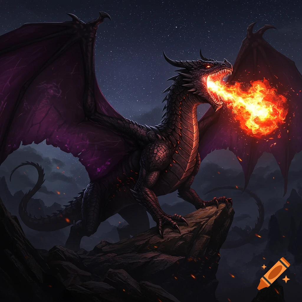 A majestic black and purple dragon with large wings stands on a rocky peak, breathing a fiery blast against a starry night sky. Digital art.