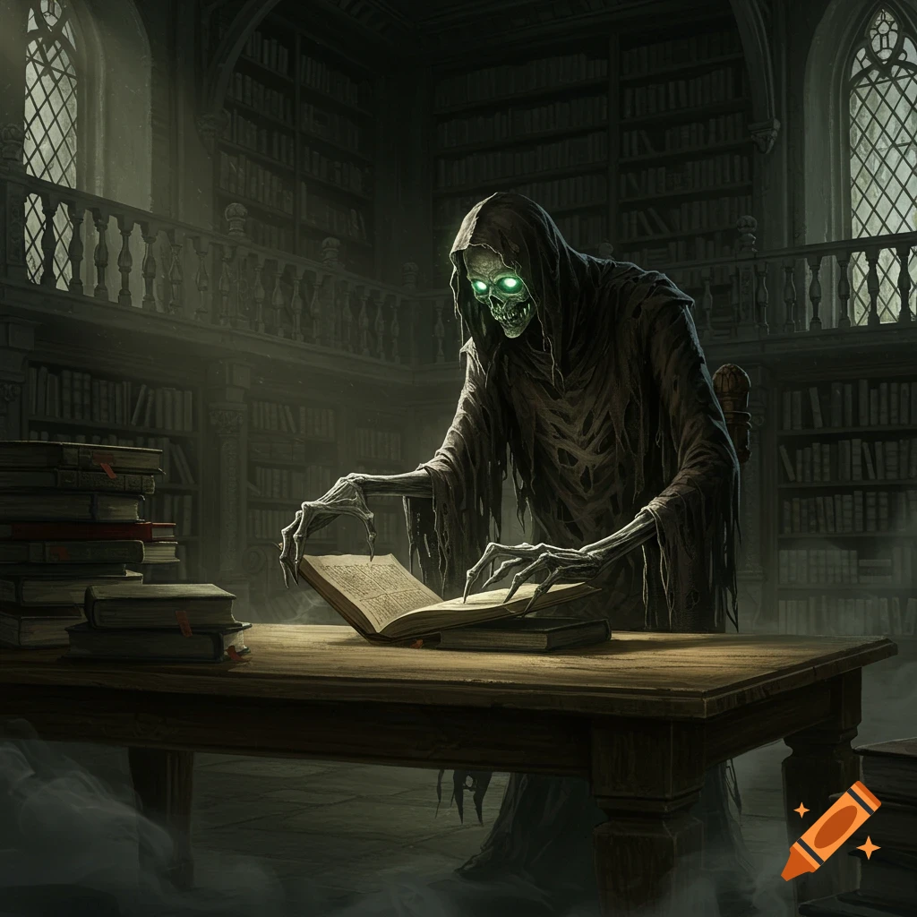 A skeletal figure in a dark hooded robe with glowing green eyes reads an open book at a wooden table in a dimly lit, gothic library.