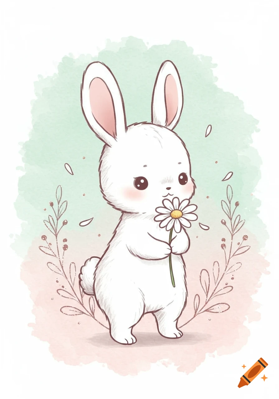 A cute watercolor illustration of a white bunny holding a daisy flower with blush cheeks against a soft green and pink background.