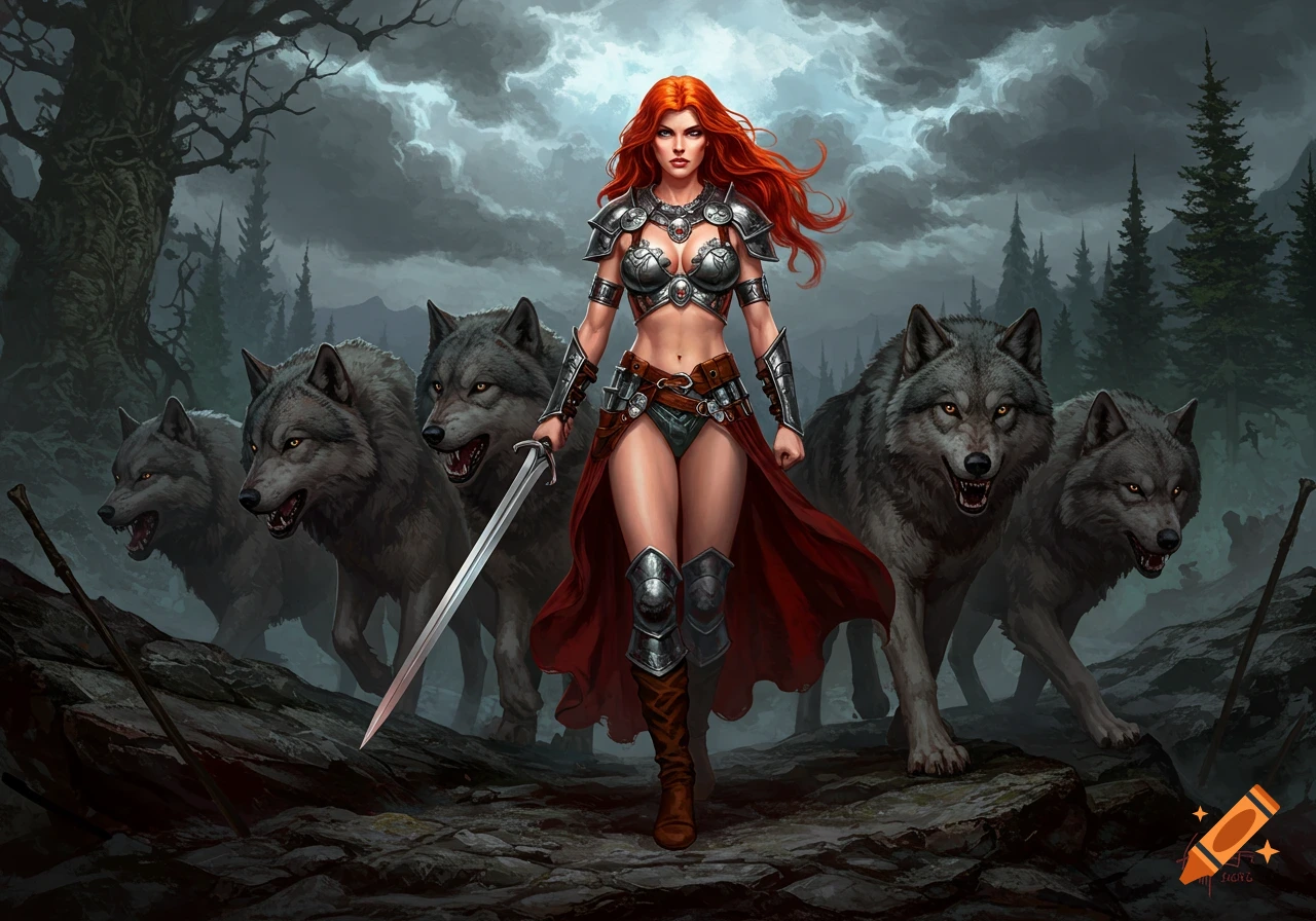 A red-haired warrior woman in armor with a sword leads a pack of wolves through a dark, cloudy fantasy forest.