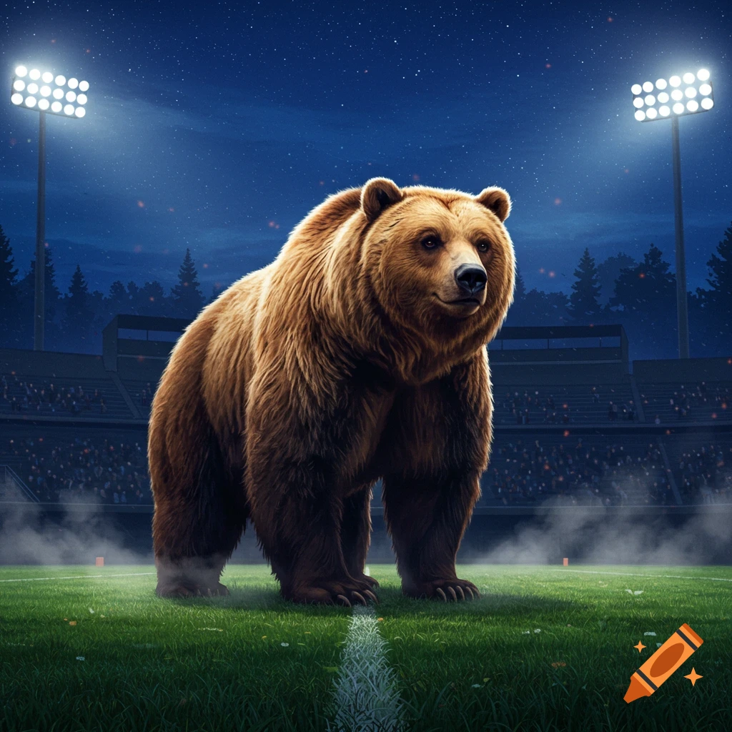 A large brown bear stands on a football field at night under bright stadium lights and a starry sky.