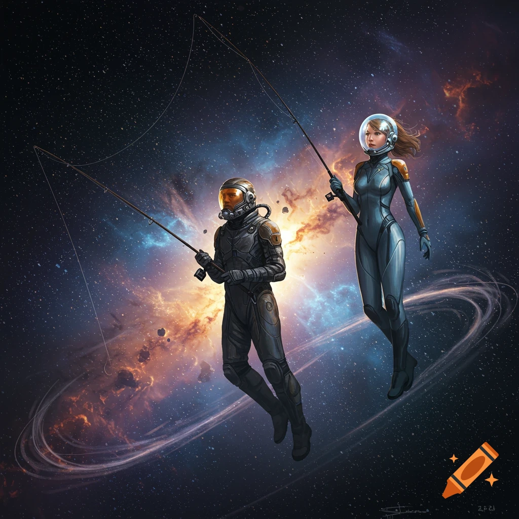 Two astronauts, a man and a woman, float in space, fishing with rods amidst a vibrant galaxy of stars and nebulae. Digital art.