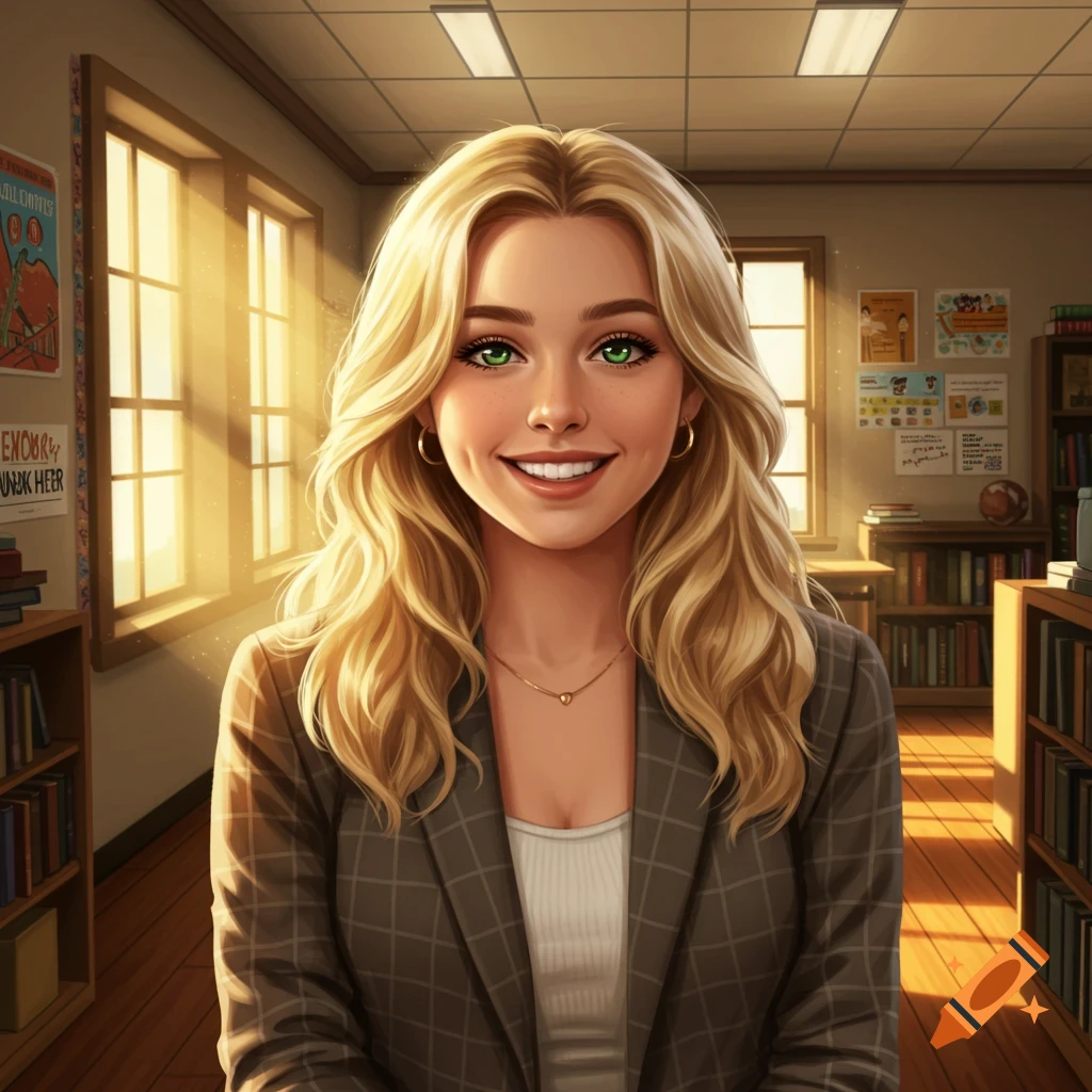 Smiling blonde woman with green eyes in a plaid blazer, standing in a sunlit classroom with bookshelves. Illustrated style.