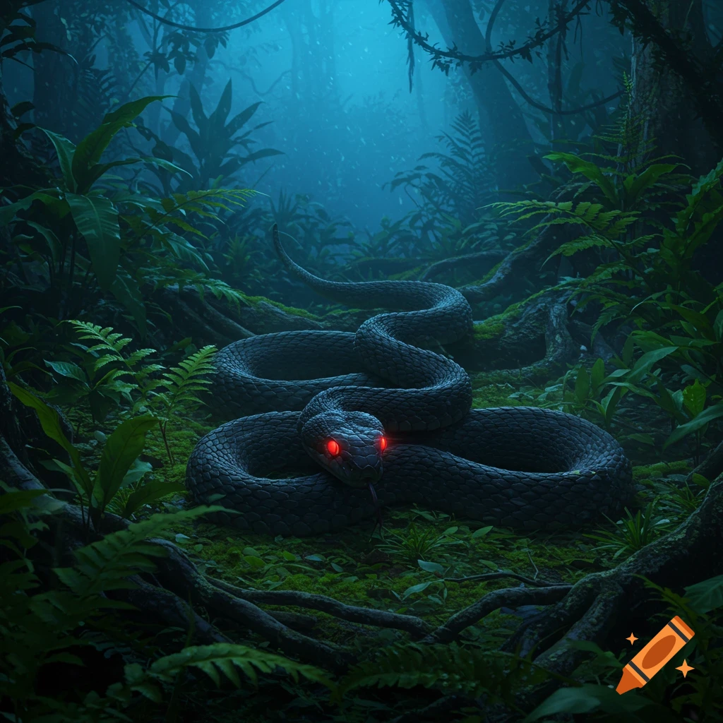 A dark snake with glowing red eyes lies coiled in a lush, misty jungle environment, surrounded by green foliage and roots.