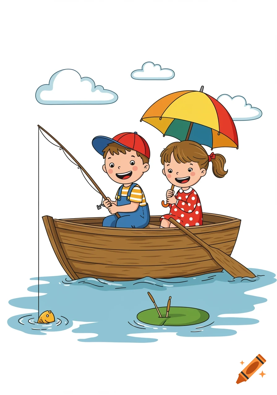 Cartoon boy and girl fishing from a rowboat with an umbrella on a white background.