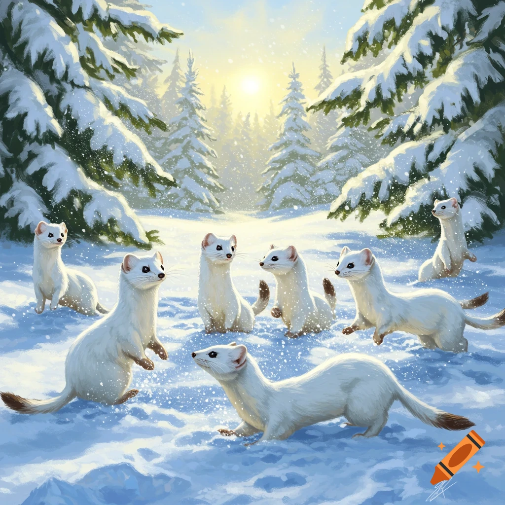 Digital art of several white ermines playing in deep snow amidst a sunlit winter forest.