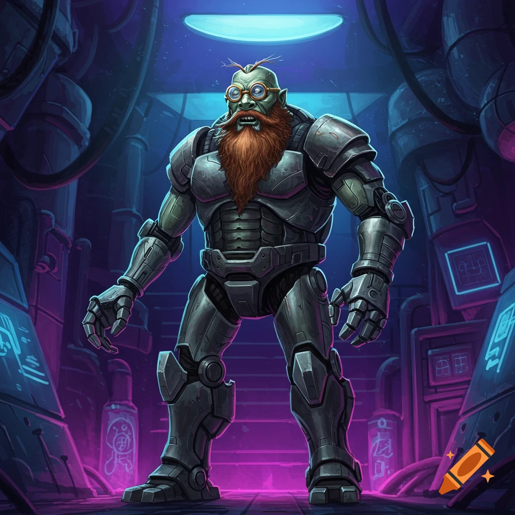 Green-skinned, red-bearded character in grey power armor with goggles in a neon-lit sci-fi industrial setting.
