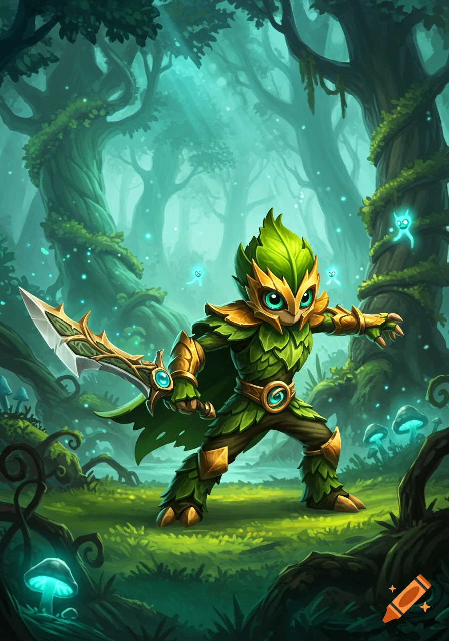 A small, cartoonish warrior character with leaf armor and a sword stands in a magical, glowing forest.