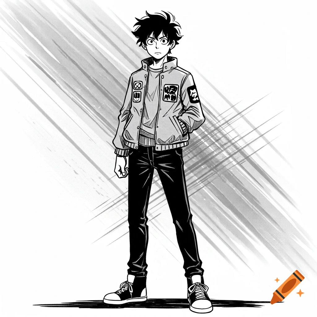 Manga illustration of a young man with dark messy hair, wearing a bomber jacket with illegible patches, black jeans, and sneakers.