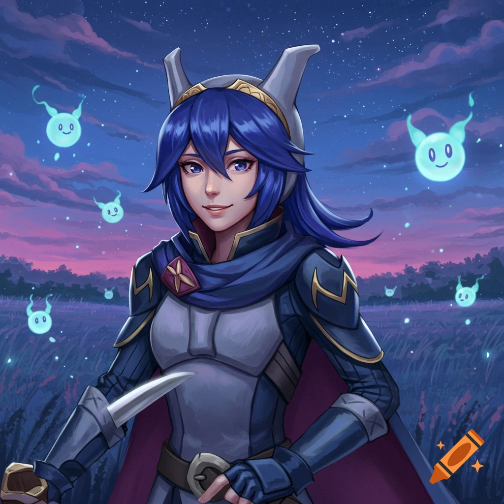 A blue-haired anime woman in armor with a dagger stands in a field at dusk, surrounded by glowing blue spirits, digital art.