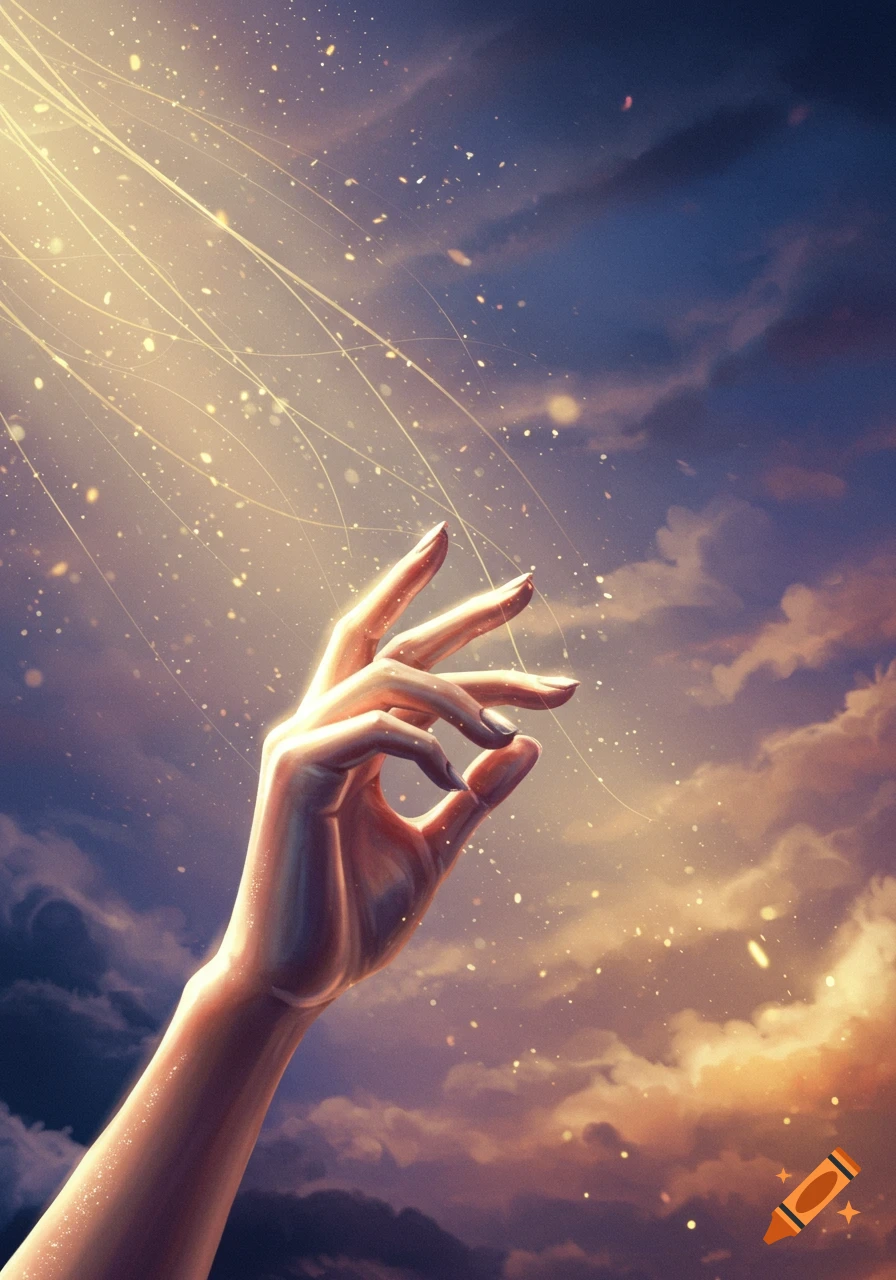 An ethereal hand reaches up towards golden light rays and sparkling particles in a dramatic, cloudy sky.