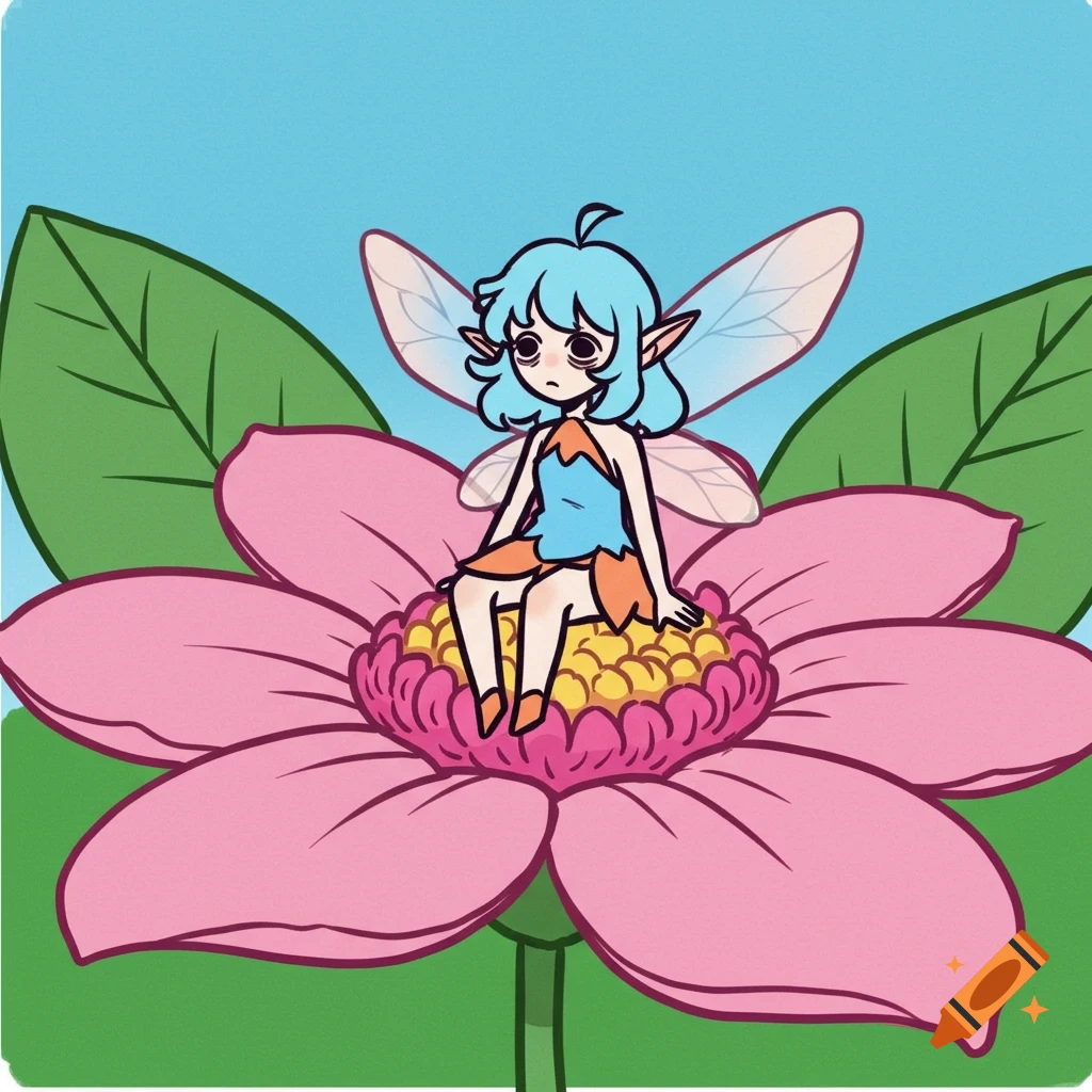 An anime-style fairy with blue hair sits on a pink flower against a blue sky, looking blankly at the viewer. Digital art with flat colors.