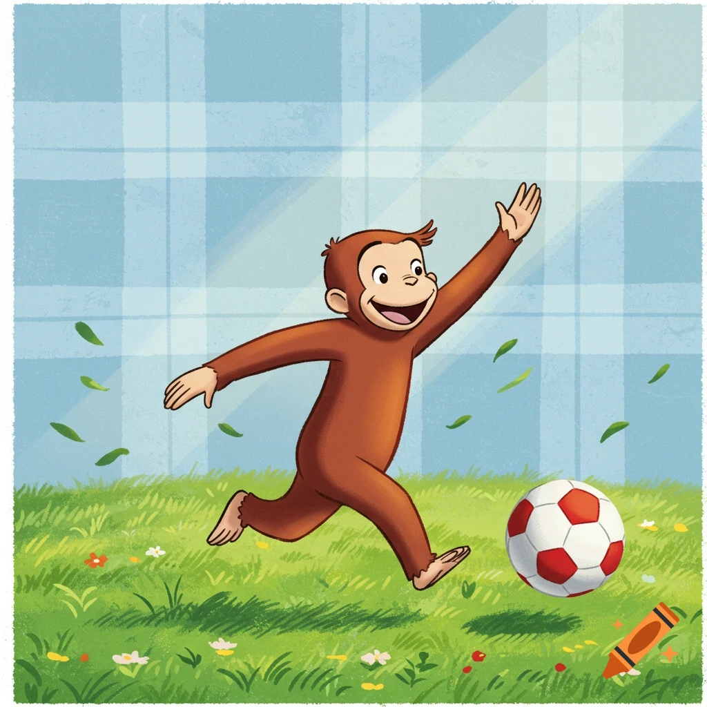 Curious George, a cartoon monkey, joyfully runs and kicks a red and white soccer ball across a grassy field with colorful flowers under a light blue sky.
