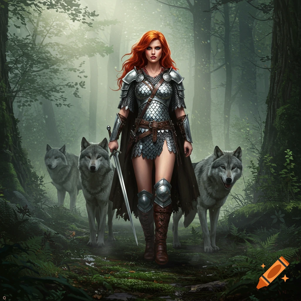 Red-haired female warrior in scale mail armor, wielding a sword, walks through a misty forest with grey wolves in a fantastical realism style.