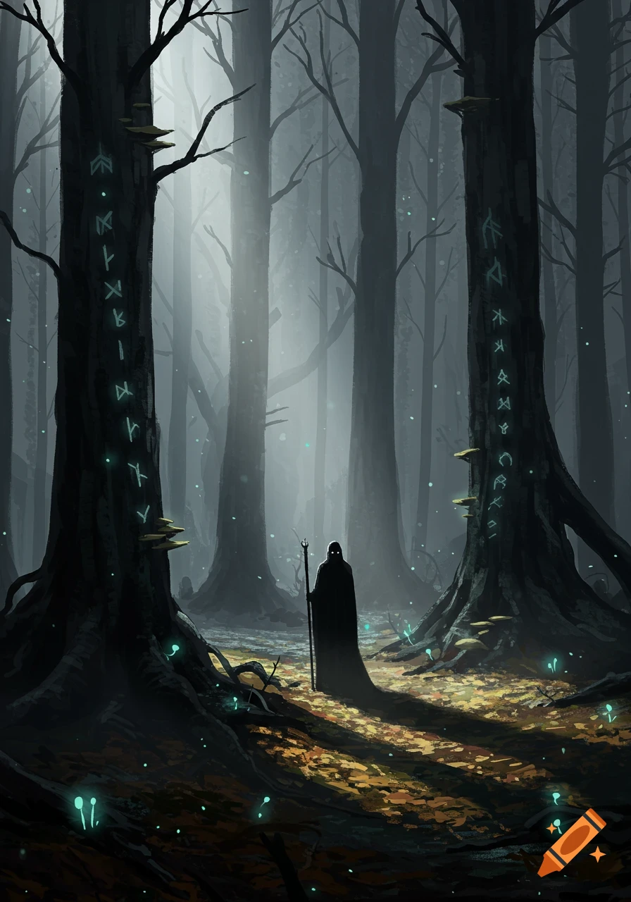 Cloaked figure with a staff in a dark, foggy forest with glowing runes on trees and luminous fungi, digital painting.