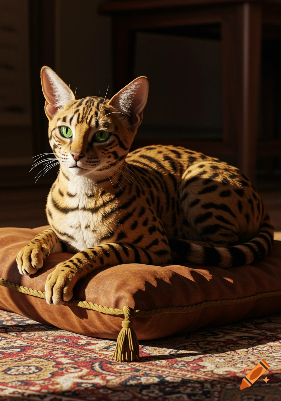 Photorealistic cat with green eyes and spotted fur lying on a brown cushion on a patterned rug, bathed in sunlight.