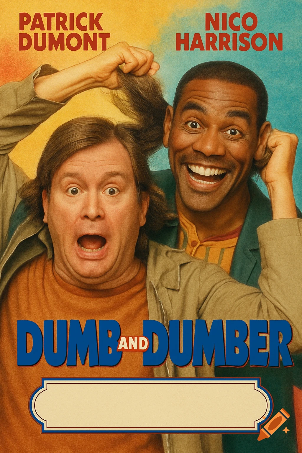 Movie poster for Dumb and Dumber starring Patrick Dumont and Nico Harrison, with the two men making goofy faces.