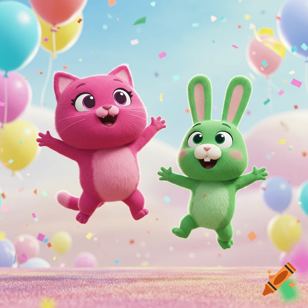 A cute pink fluffy cartoon cat and a green fluffy bunny jump joyfully amidst colorful balloons and confetti.