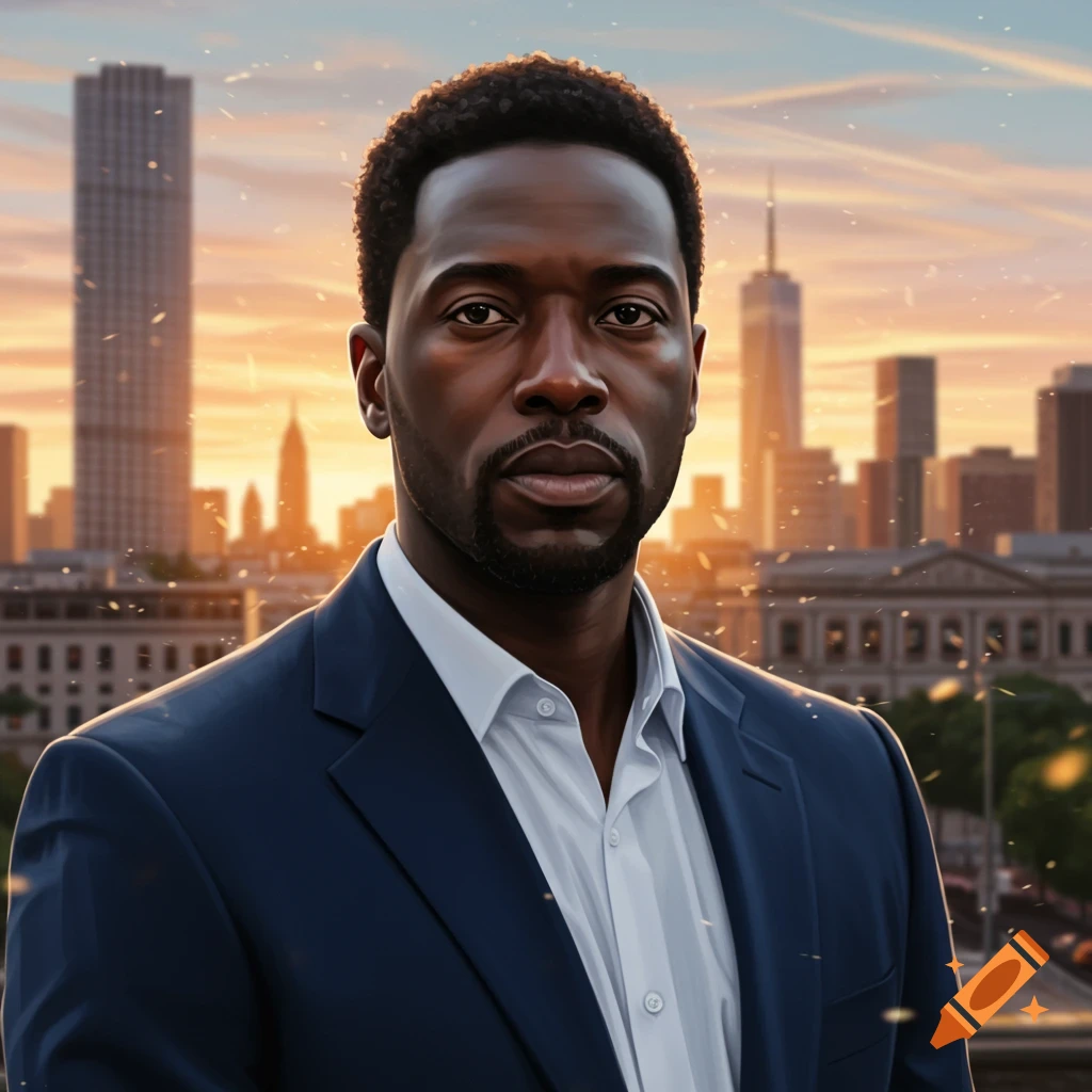 A photorealistic portrait of a Black man in a dark suit and white shirt, looking forward, with a city skyline at sunset behind him.