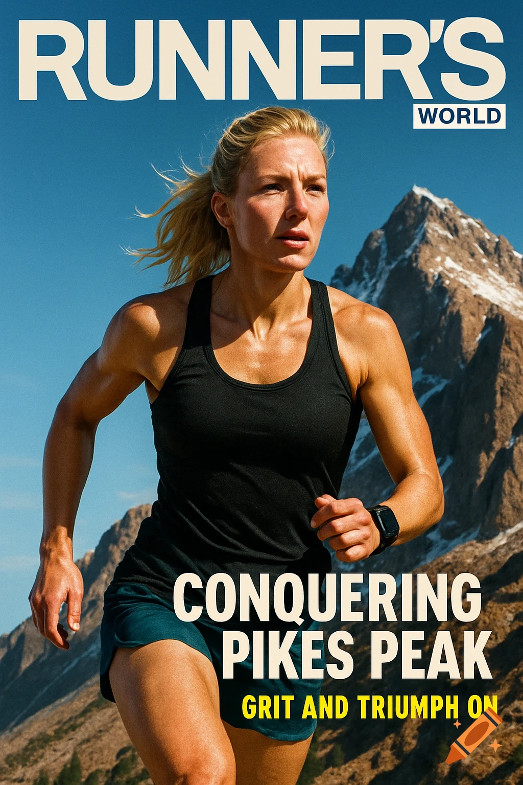 Blond woman running with intensity on a mountainside, featured on a Runner's World magazine cover.