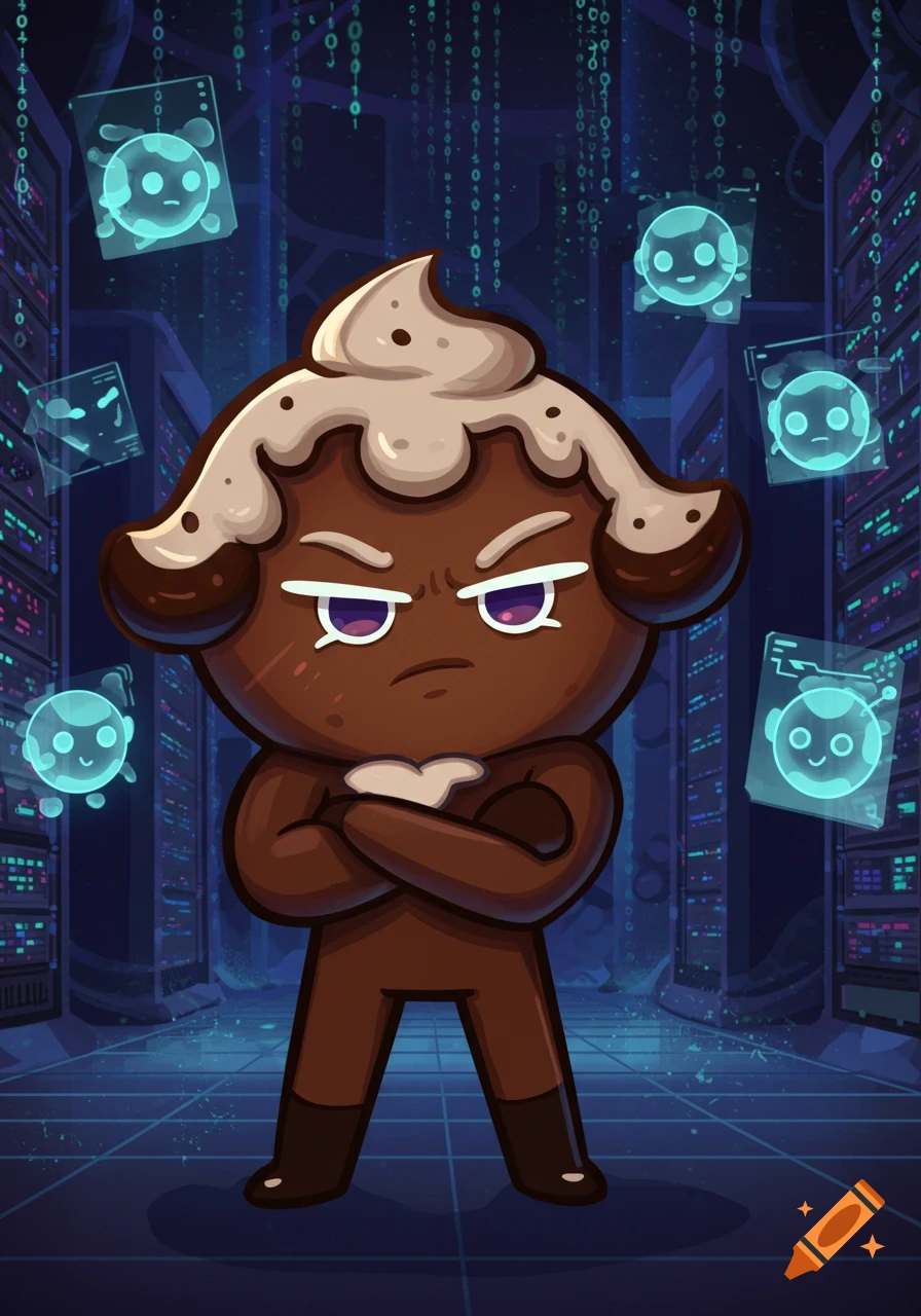 An angry, cartoonish brown cookie character with white frosting hair stands arms crossed in a blue-lit server room with green binary code and glowing blue ghost figures.