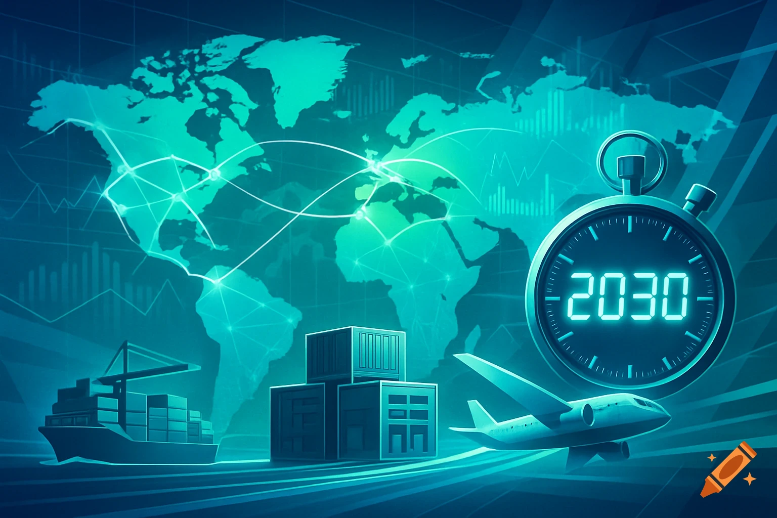 Futuristic digital illustration of a global logistics network with a world map, stopwatch displaying 2030, cargo ship, containers, and airplane.