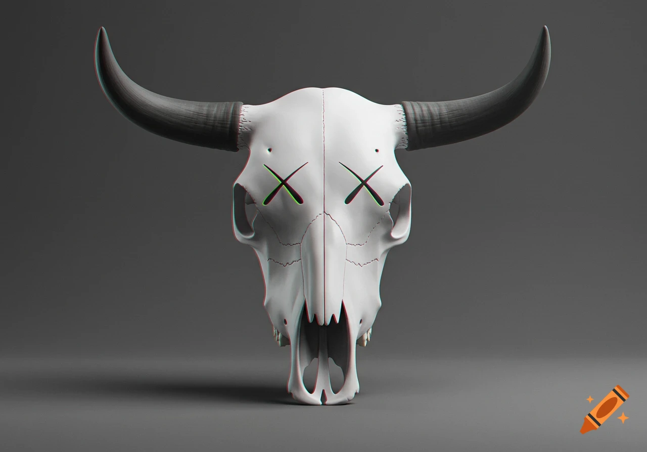 A stylized white cow skull with black horns and neon green and pink "XX" eyes, featuring a glitch effect on a dark gray background.