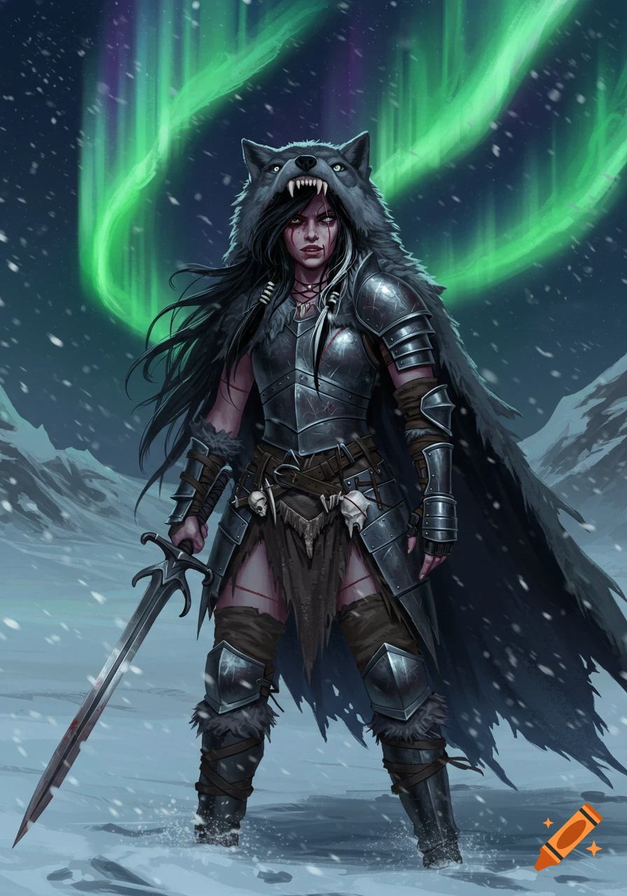 Fantasy illustration of a fierce armored female warrior with a wolf pelt hood and sword in a snowy landscape with aurora.