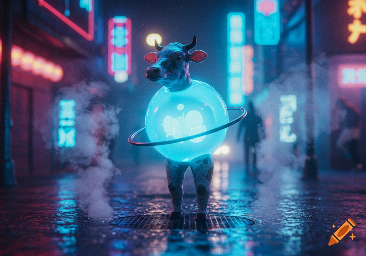 A surreal cow-headed creature with a glowing blue sphere torso and human legs stands on a wet cyberpunk street with neon signs and steam.