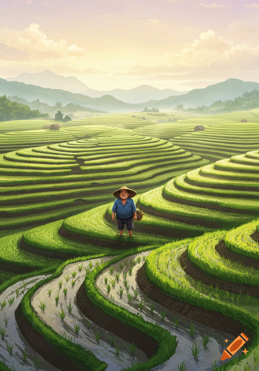 A happy farmer in a straw hat stands in lush green terraced rice paddies with distant mountains, in a vibrant illustration.