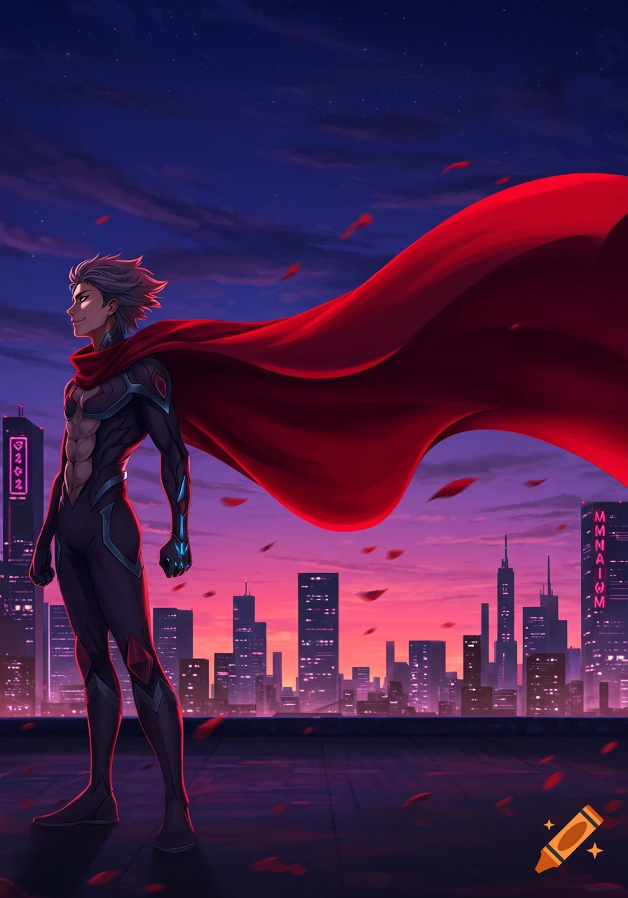 Anime superhero with a flowing red cape stands on a city rooftop at sunset, with neon-lit buildings in the background.