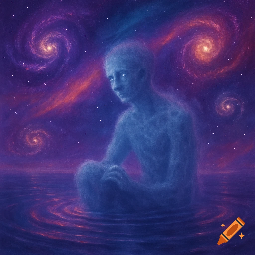 An ethereal blue figure sits in swirling water under a purple cosmic sky filled with stars and spiral galaxies.