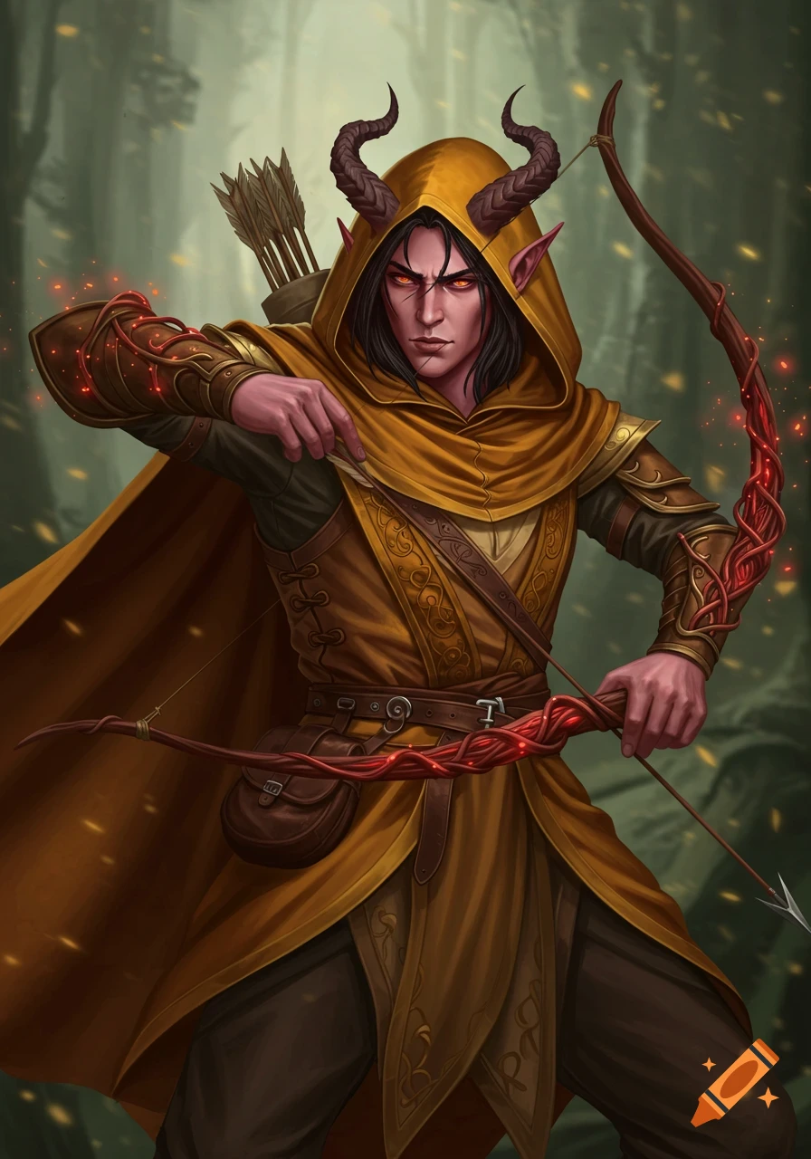 A photorealistic painting of a male Tiefling mage with horns and red eyes, wearing a golden hooded cloak, drawing a longbow in a forest.