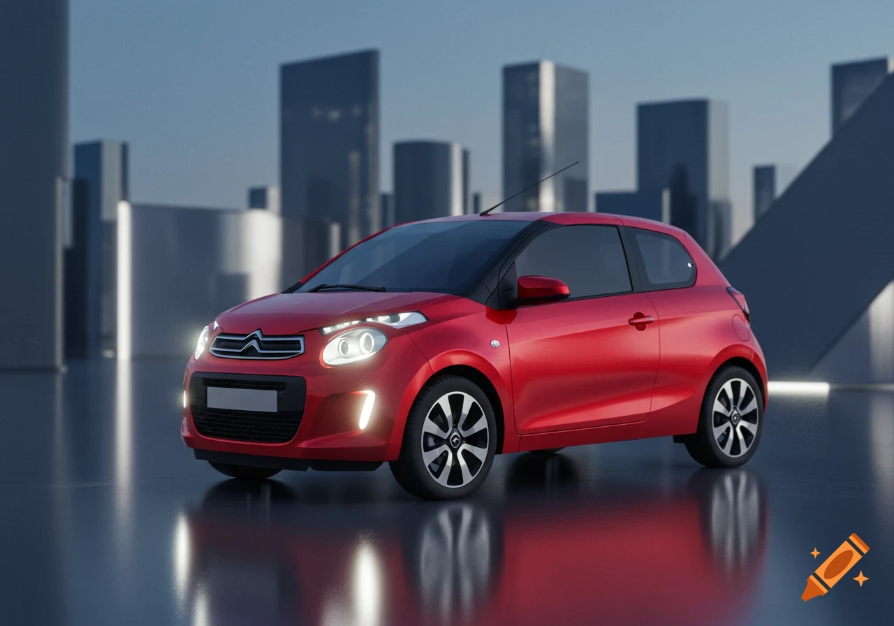 A red Citroën C1 car parked on a reflective surface in front of a modern city skyline at dusk.