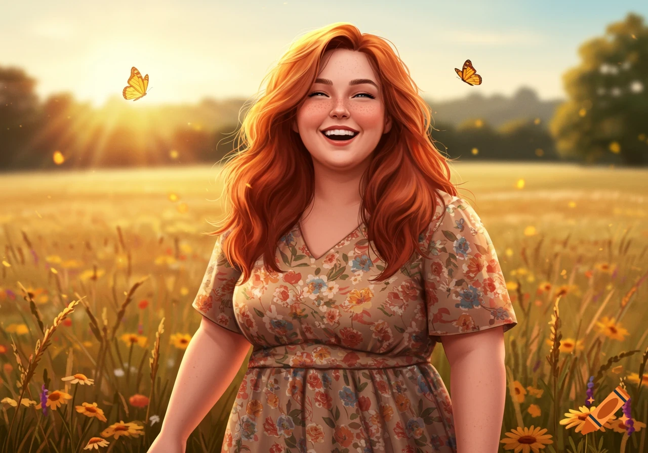 A smiling, red-haired woman in a floral dress stands in a sunny wildflower field with butterflies, in a digital art style.