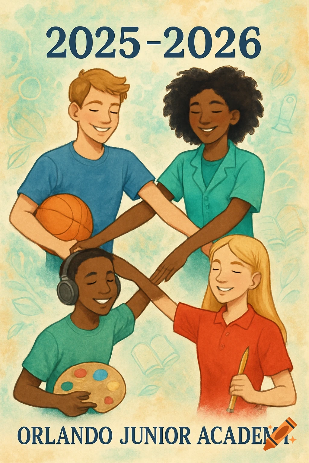 Illustration of four diverse children making a cross with their hands, for a yearbook cover. Text reads '2025-2026' and 'Orlando Junior Academy'.