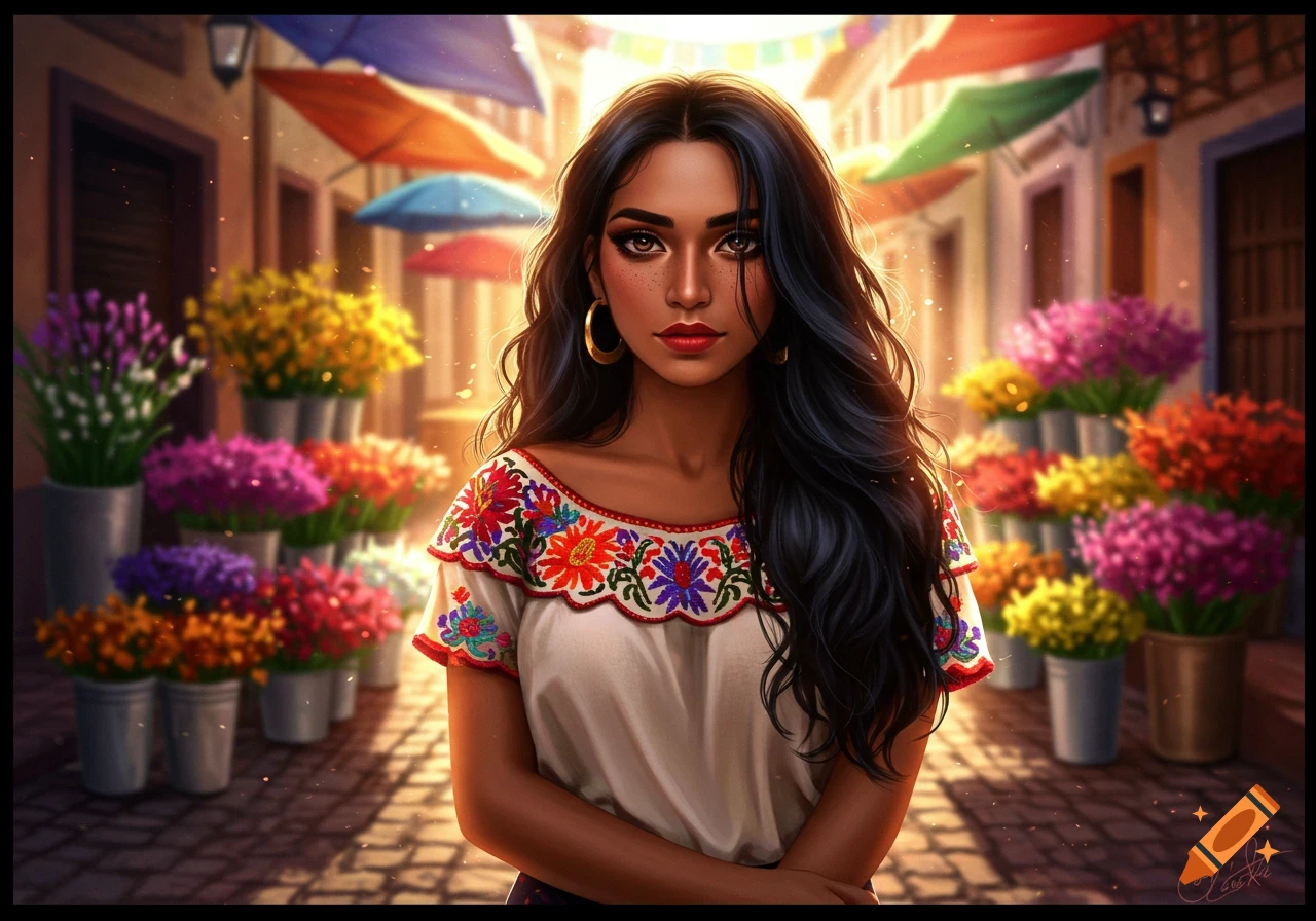 A young woman with dark hair and a colorful embroidered blouse stands in a vibrant sunlit market street with flower stalls.