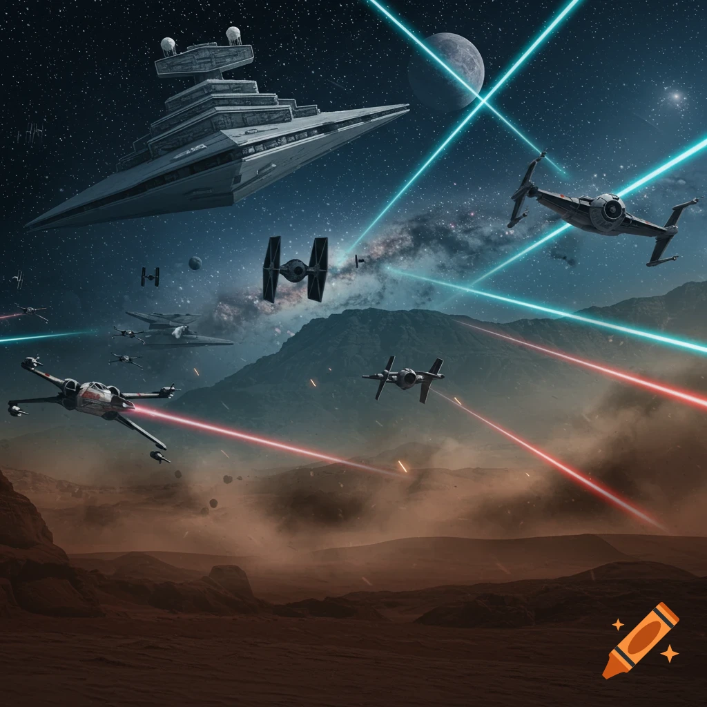 A Star Wars space battle with an Imperial Star Destroyer, X-wings, and TIE fighters firing lasers over a planetary landscape.