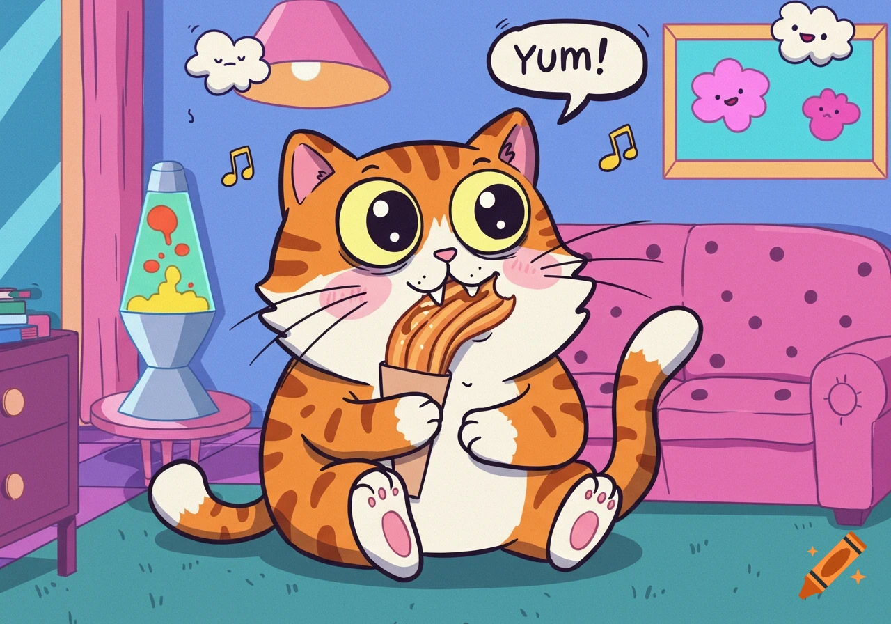 A cute orange and white cartoon cat with big eyes happily eats a churro in a colorful 90s-style room, saying 'Yum!'.