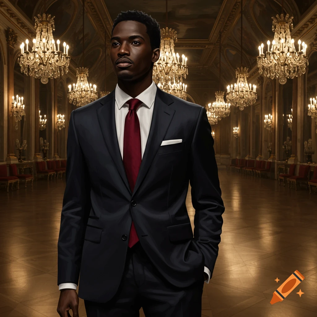 Photorealistic portrait of a stylish Black man in a dark suit and red tie, standing in a grand ballroom with many chandeliers.