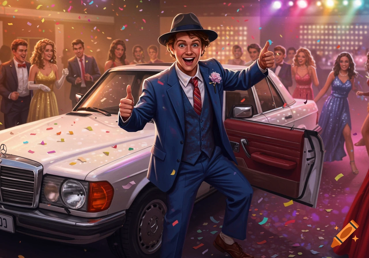 Young man in a blue suit and fedora giving thumbs up, stepping out of a white Mercedes at a vibrant, confetti-filled prom.