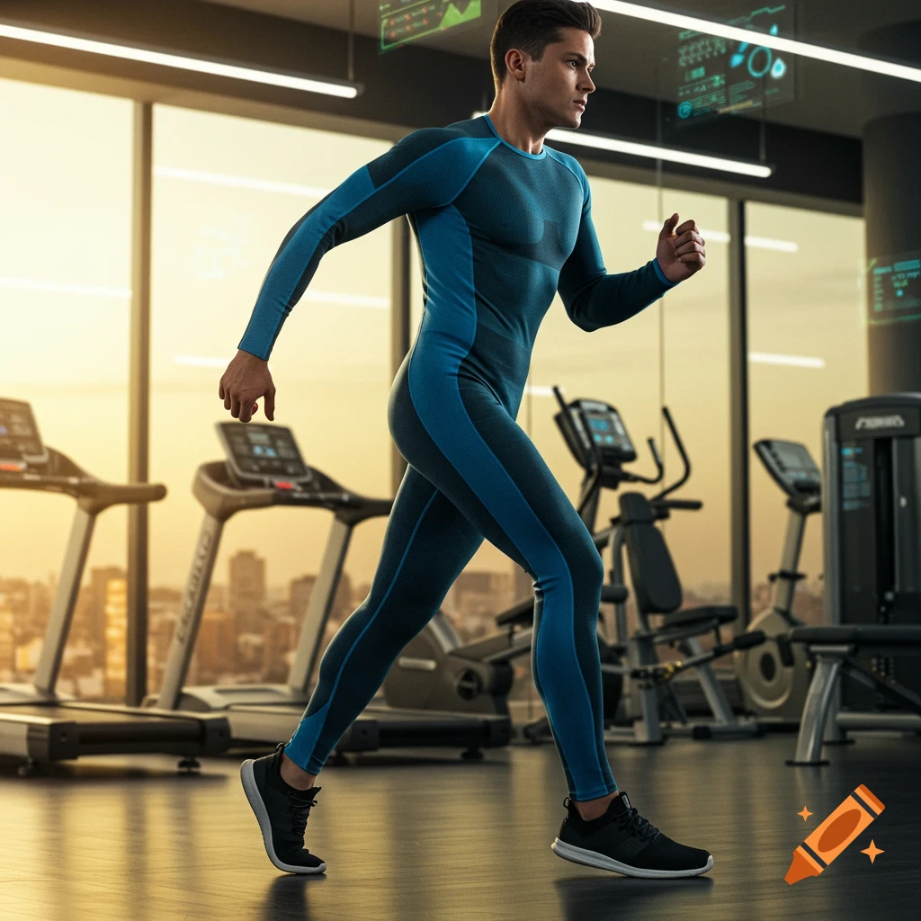 A man in blue and dark grey athletic wear walks in a modern gym with a city view outside large windows.