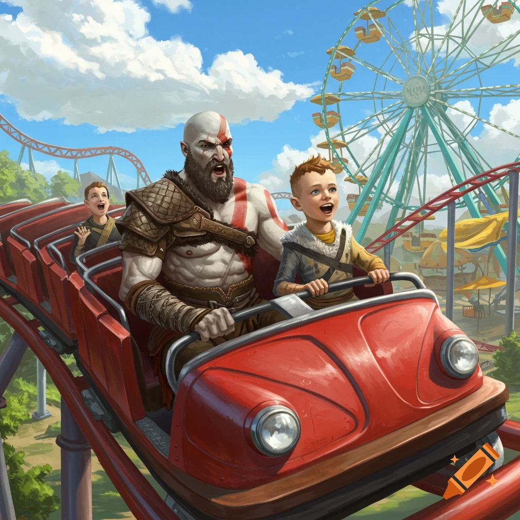 Kratos and Atreus on a red rollercoaster, Atreus gleeful and Kratos underwhelmed. Amusement park with Ferris wheel. Illustration.