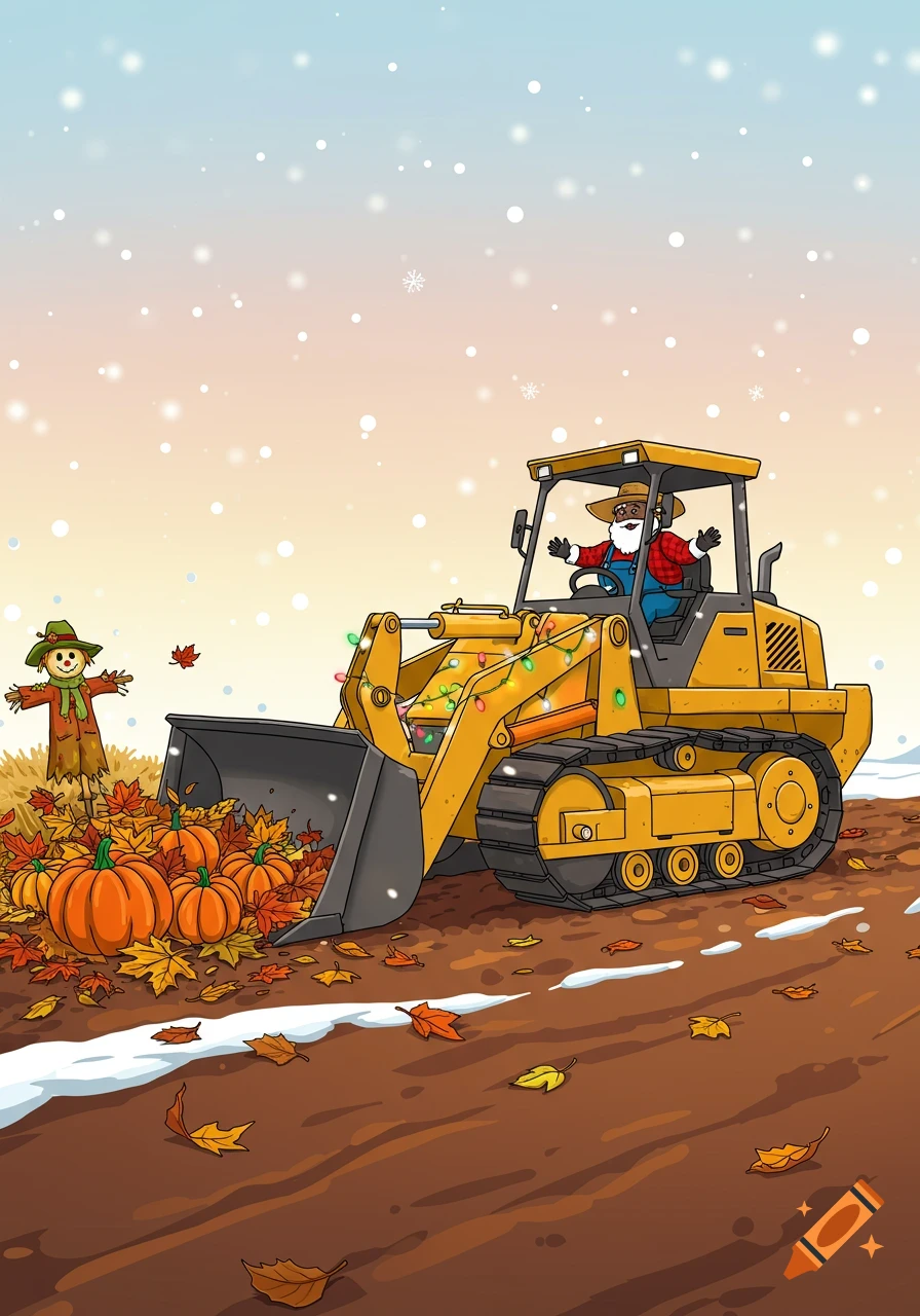 A cartoon Black Santa farmer drives a yellow bulldozer, clearing autumn leaves and pumpkins for the incoming snow.