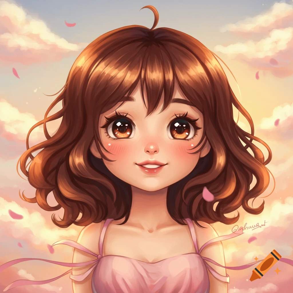 Cute anime girl with brown curly hair, big eyes, and rosy cheeks smiling in a cloudy sky with pink petals.