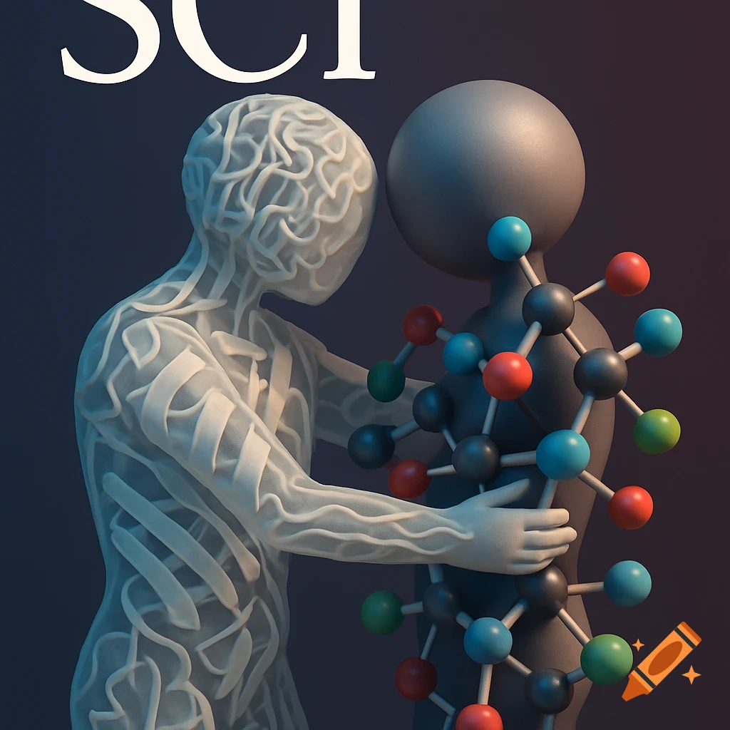 3D rendering of two abstract figures embracing; one a translucent white biological form, the other a dark grey molecular model. 'SCI' text is at the top left.
