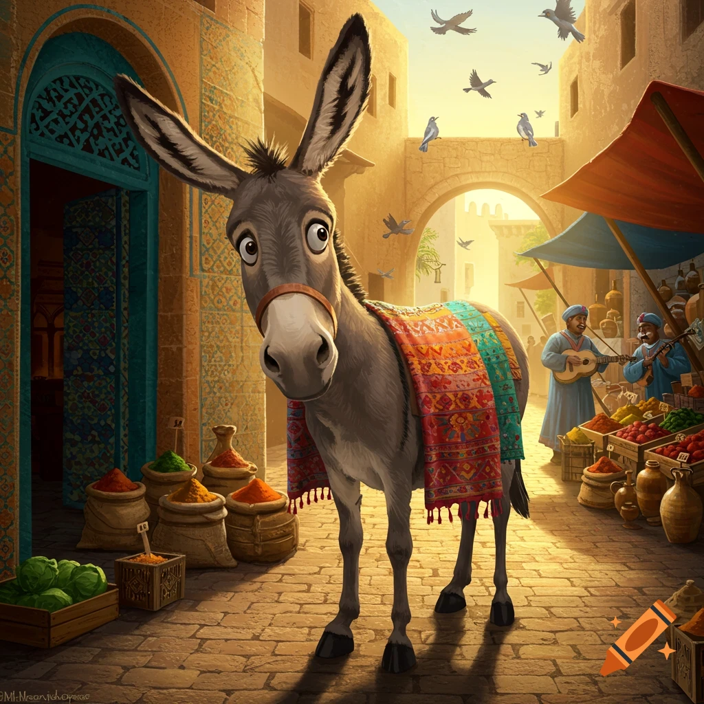A cartoon donkey with wide eyes stands in a vibrant, sunny market alley, wearing a colorful patterned blanket. Market stalls and people are in the background.