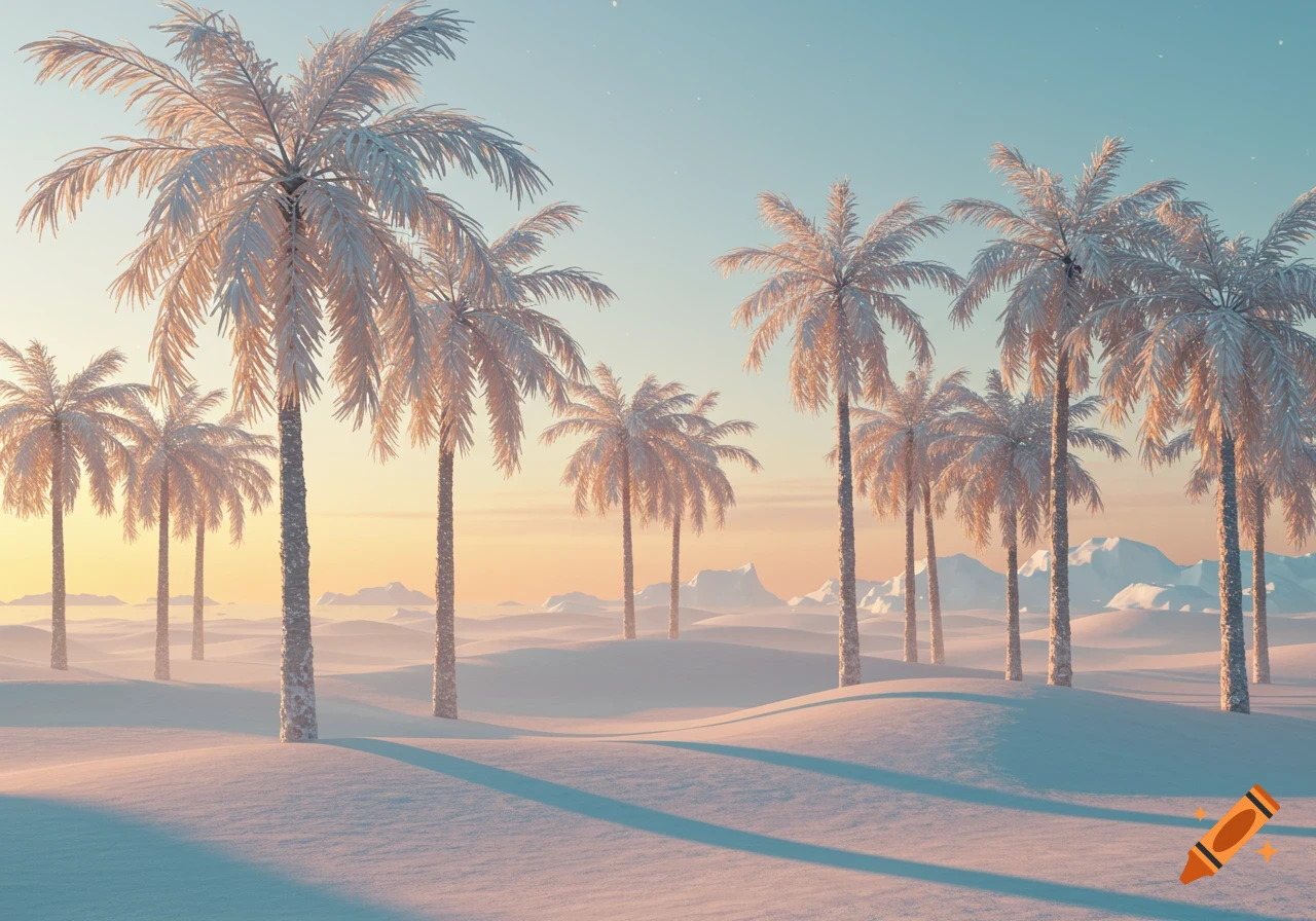 Snowy desert landscape with numerous frost-covered palm trees and distant mountains under a soft pastel sky.