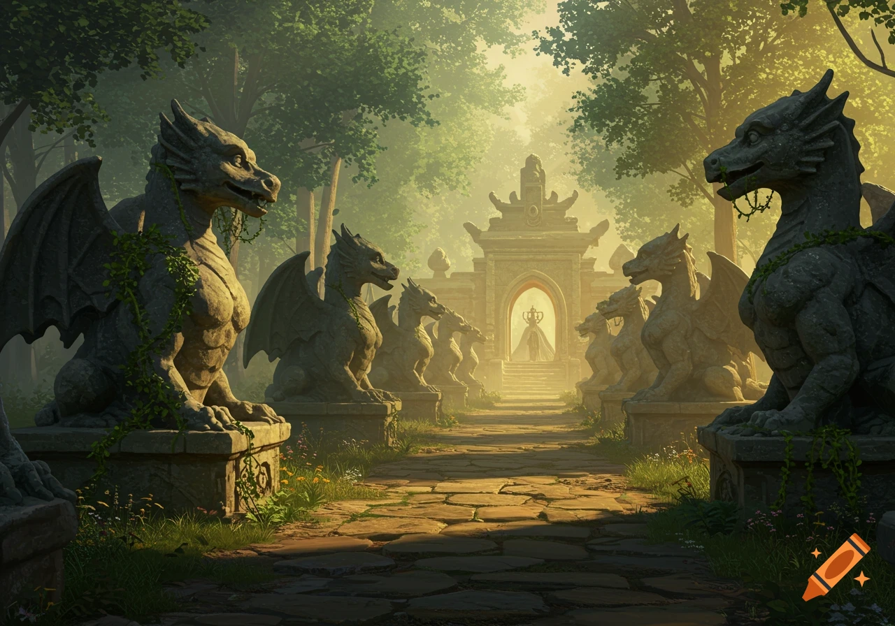 A stone pathway lined with ancient dragon statues leading to an ornate temple entrance in a misty, sunlit forest.