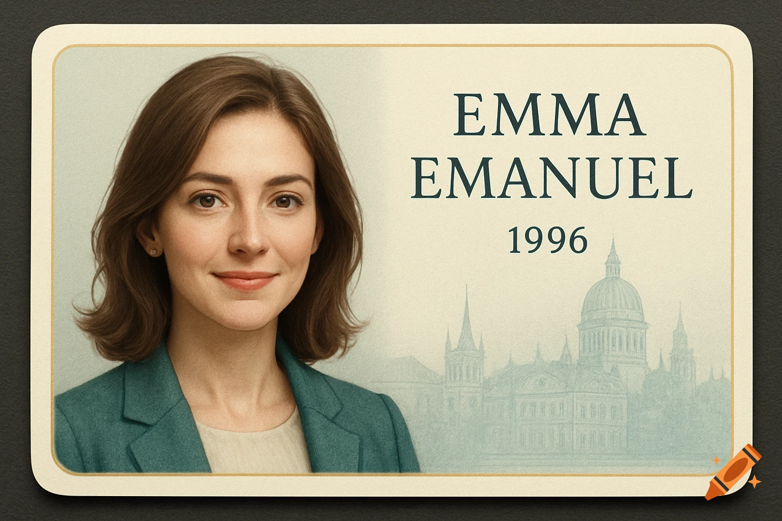 Portrait of a smiling woman on an ID card with 'Emma Emanuel 1996' and a cityscape in the background.